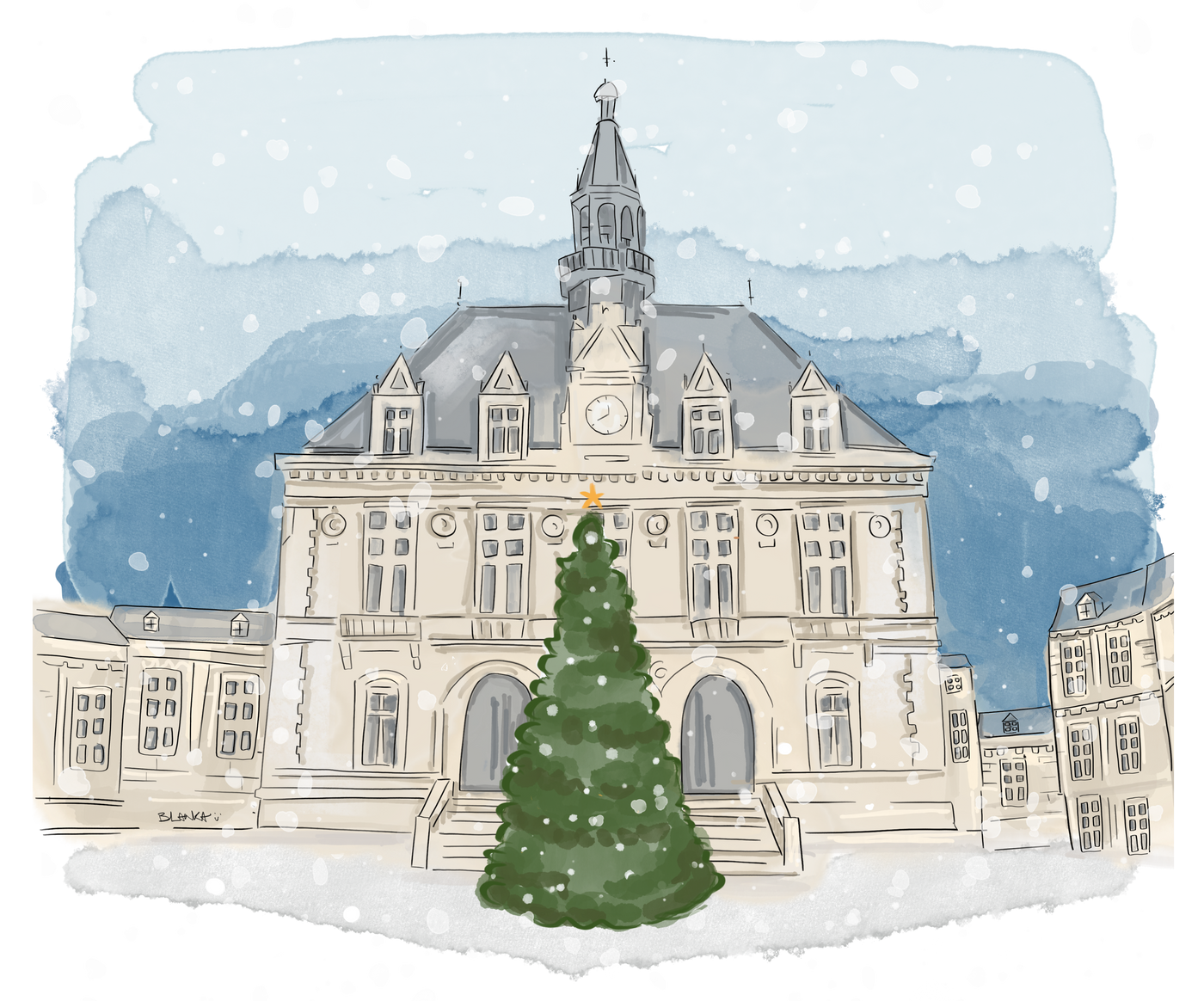 Illustration aquarelle de la mairie de Vincennes sous la neige